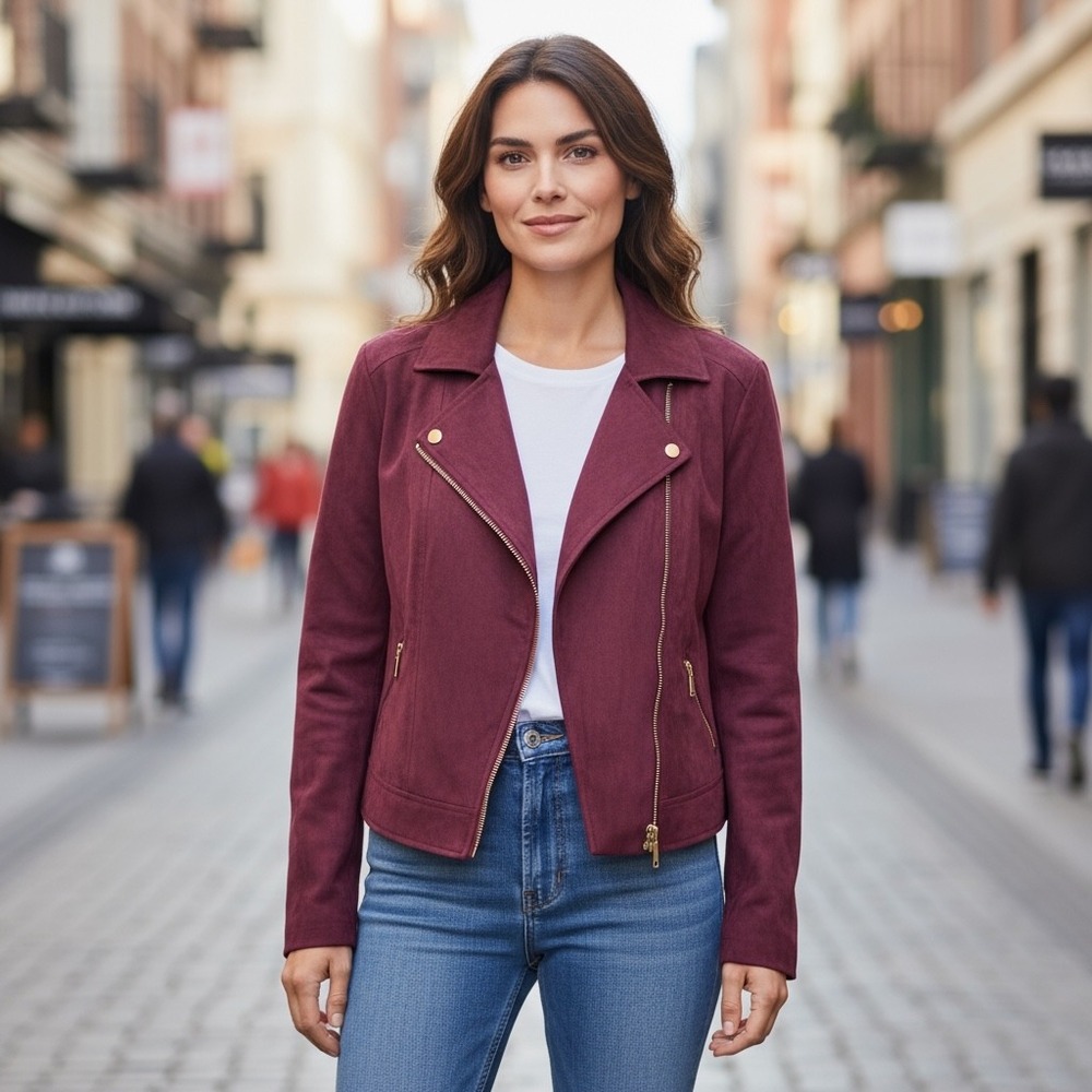 Thalia‎ Sodi Faux Suede Moto Jacket Burgundy Womens M Asymmetrical Zip